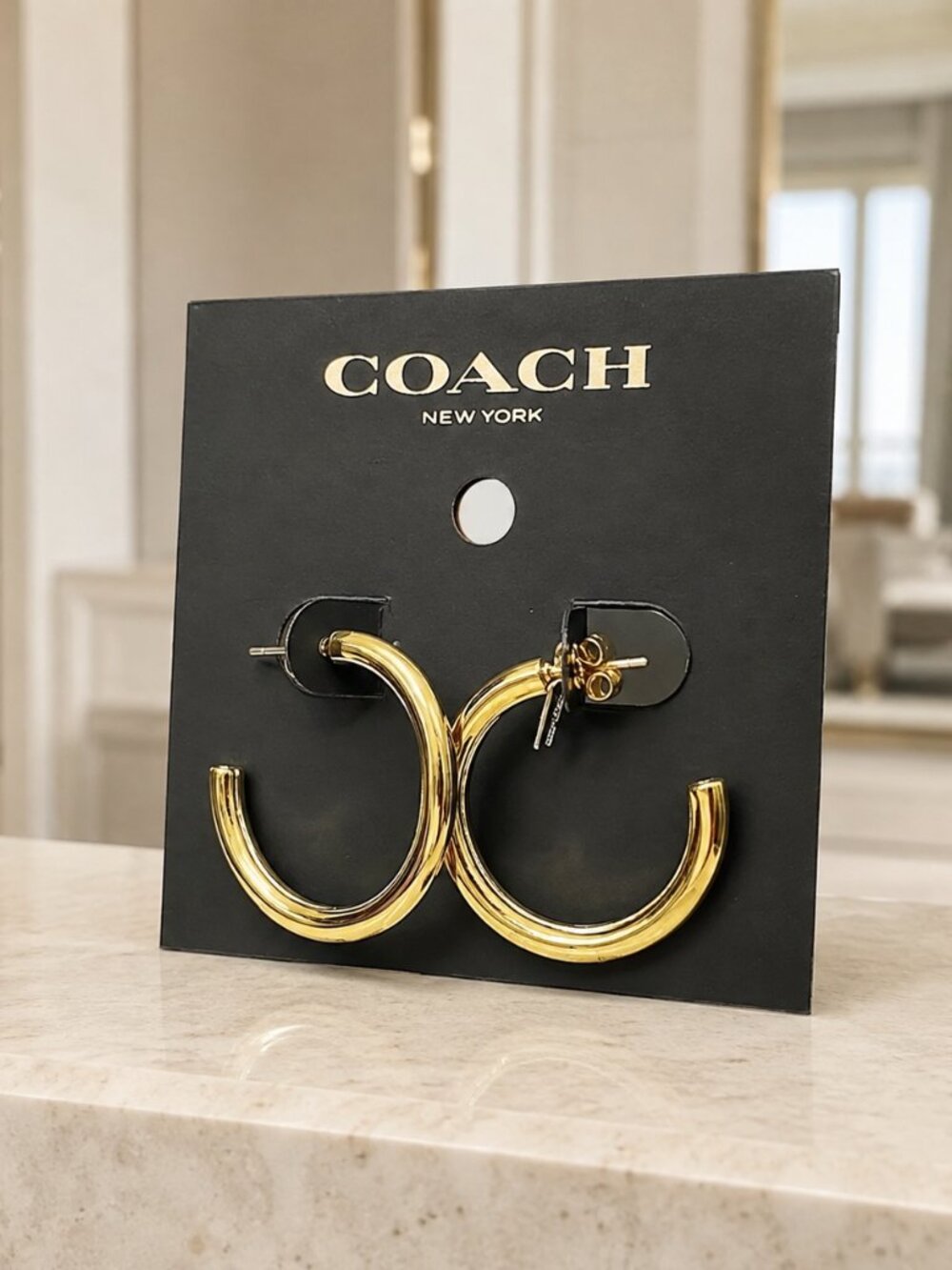 Coach Gold-Tone Medium Hoop Earrings Polished Classic Jewelry NWT - Picture 3 of 3